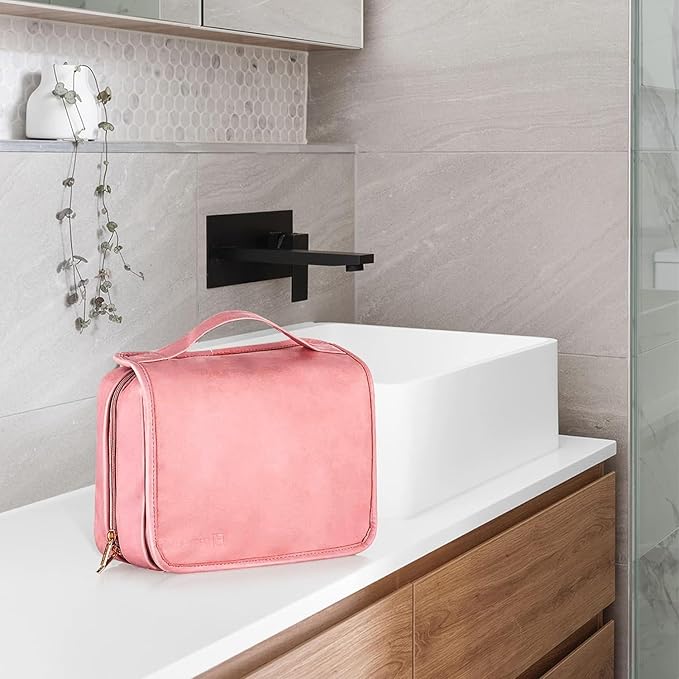 Elviros Travel Toiletry Bag for Men and Women with Hanging Hook, 3 in 1 Multifunctional Large Makeup Cosmetic Case for Toiletries Accessories, Water-resistant PU Leather Bathroom Dopp Kit Shaving Bag