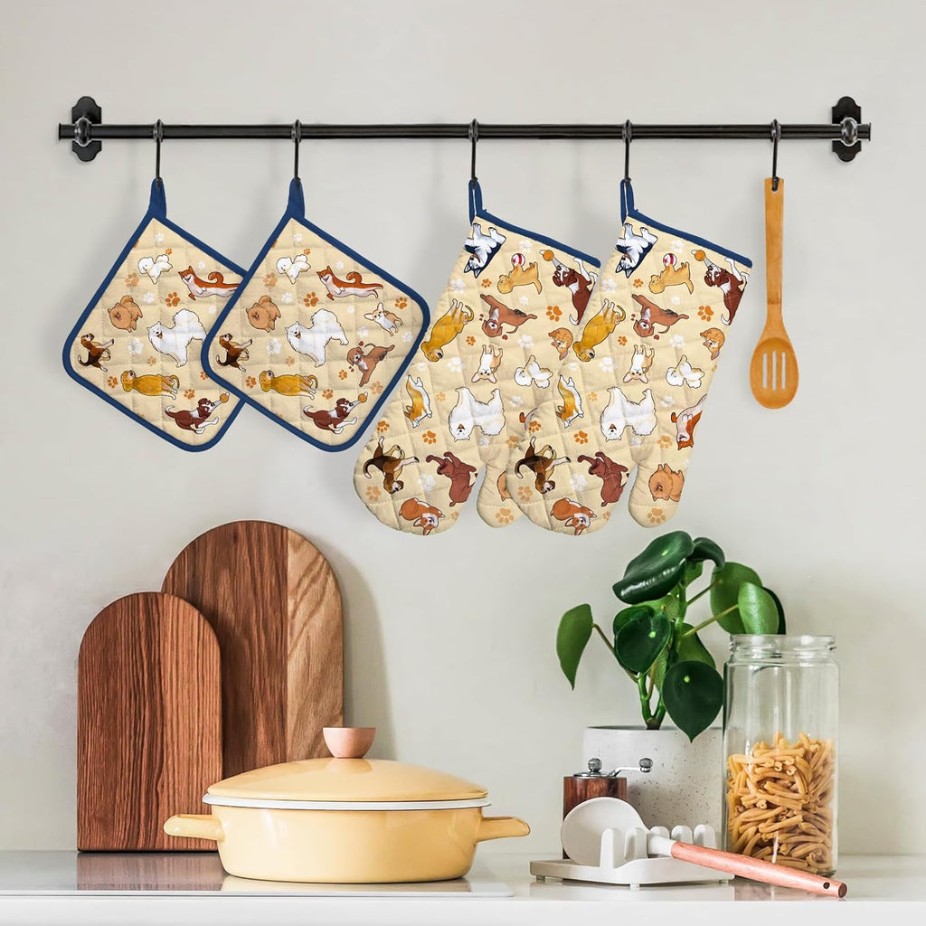 Dogs Oven Mitts and Pot Holders Sets 4Pcs, 100% Cotton Heat Resistant, Extra Long Oven Gloves Potholder for Kitchen Cooking Baking Housewarming