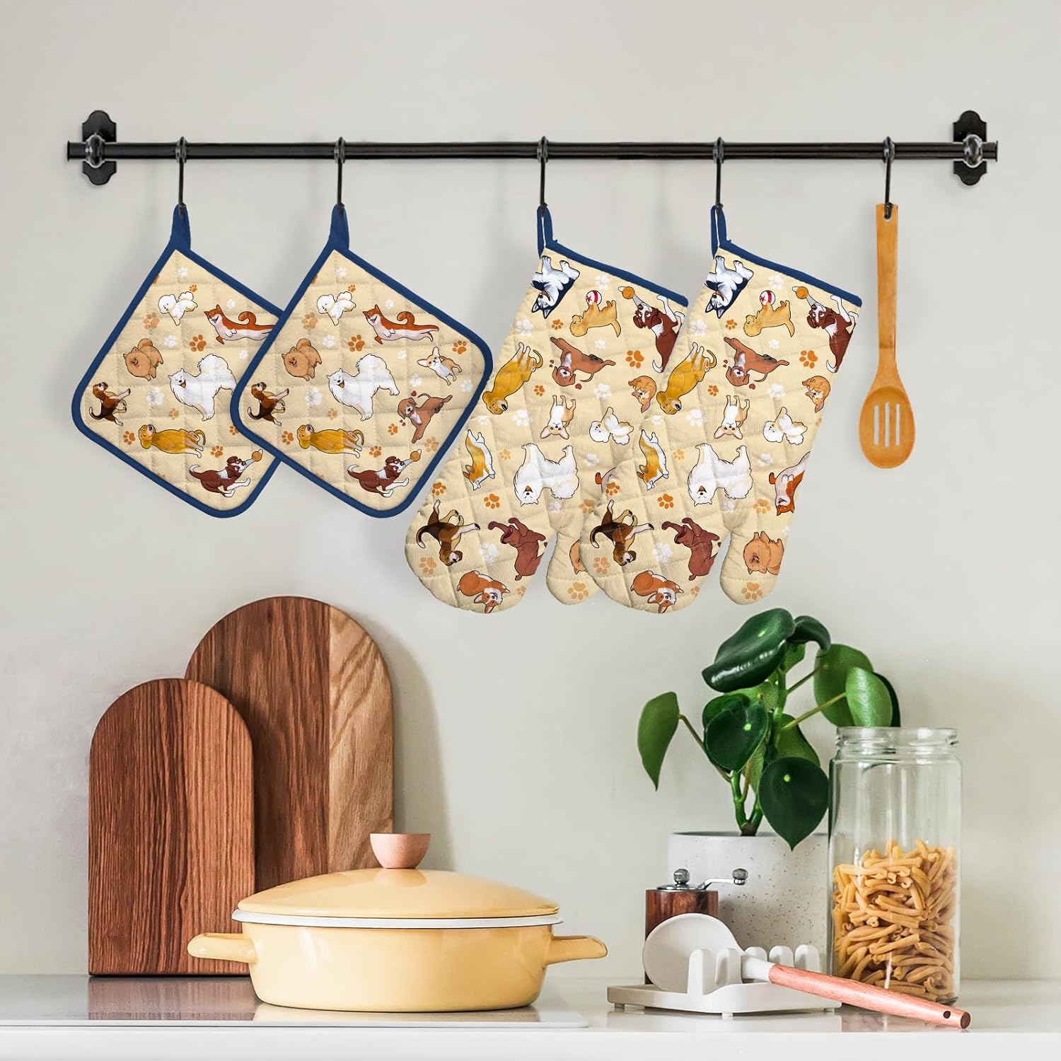 Dogs Oven Mitts and Pot Holders Sets 4Pcs, 100% Cotton Heat Resistant, Extra Long Oven Gloves Potholder for Kitchen Cooking Baking Housewarming