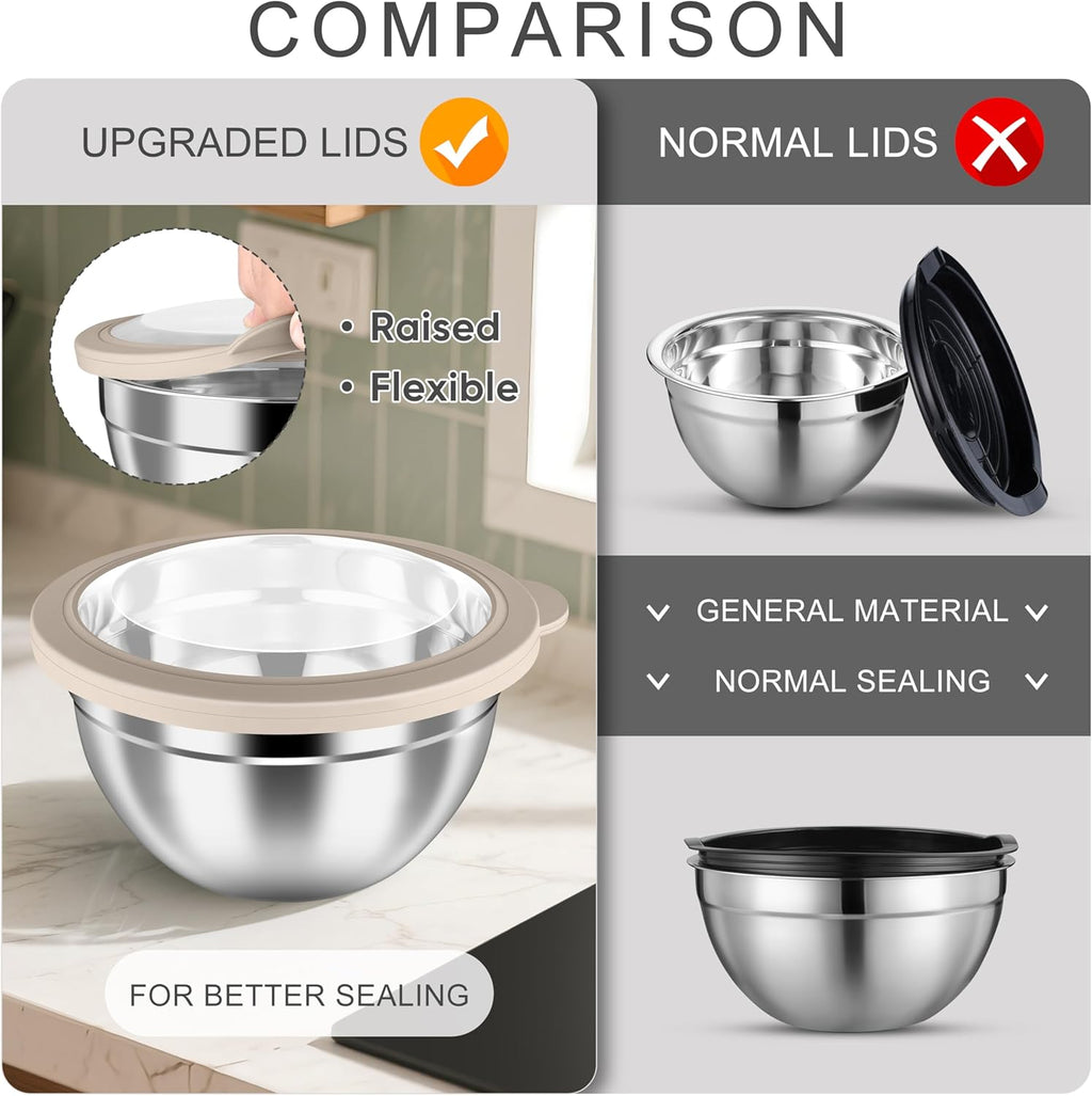 HaWare Mixing Bowls with Airtight Clear Lids, 6-Piece Stainless Steel Strong Nesting Bowls Set, Metal Salad Bowl for Cooking, Prepping, Baking, Serving & Food Storage, Size 4.6, 3, 1.5QT, Khaki