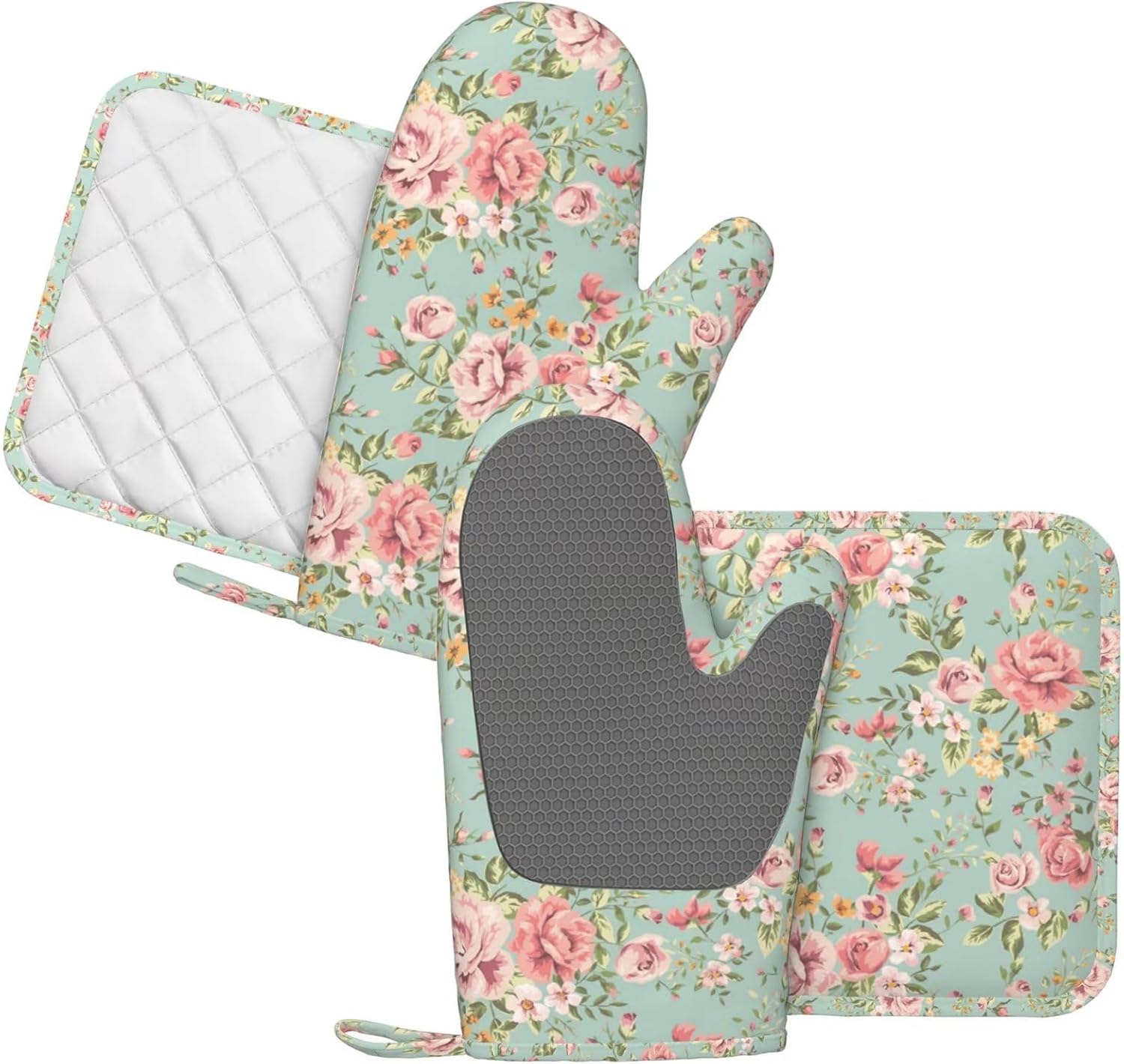 Pink Flower Oven Mitts Pot Holders Set Silicone Vintage Spring Romantic Bloom Floral and Leaf Green Kitchen Oven Mitts Heat Resistant Potholders Non-Slip 4pcs Hot Pads and Oven Gloves Sets