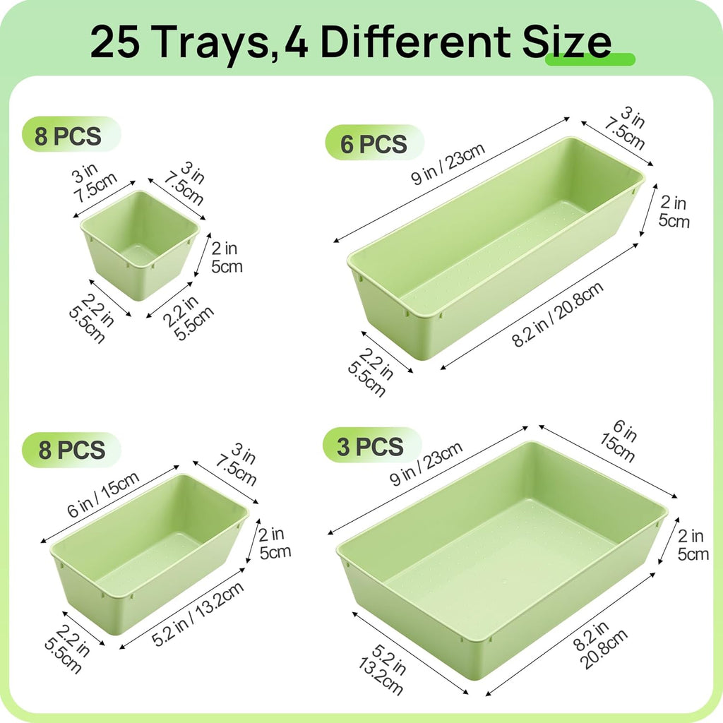 Vtopmart 25 PCS Plastic Drawer Organizers Set, 4-Size Versatile Bathroom and Vanity Drawer Organizer Trays, Storage Bins for Makeup, Bedroom, Kitchen Gadgets Utensils and Office