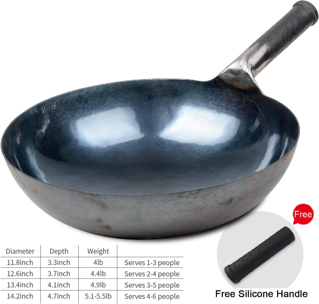 臻三环 ZhenSanHuan Chinese Hand Hammered Iron Woks and Stir Fry Pans, Non-stick, No Coating, Carbon Steel Pow (34CM, BlueBlack Seasoned with help handle)