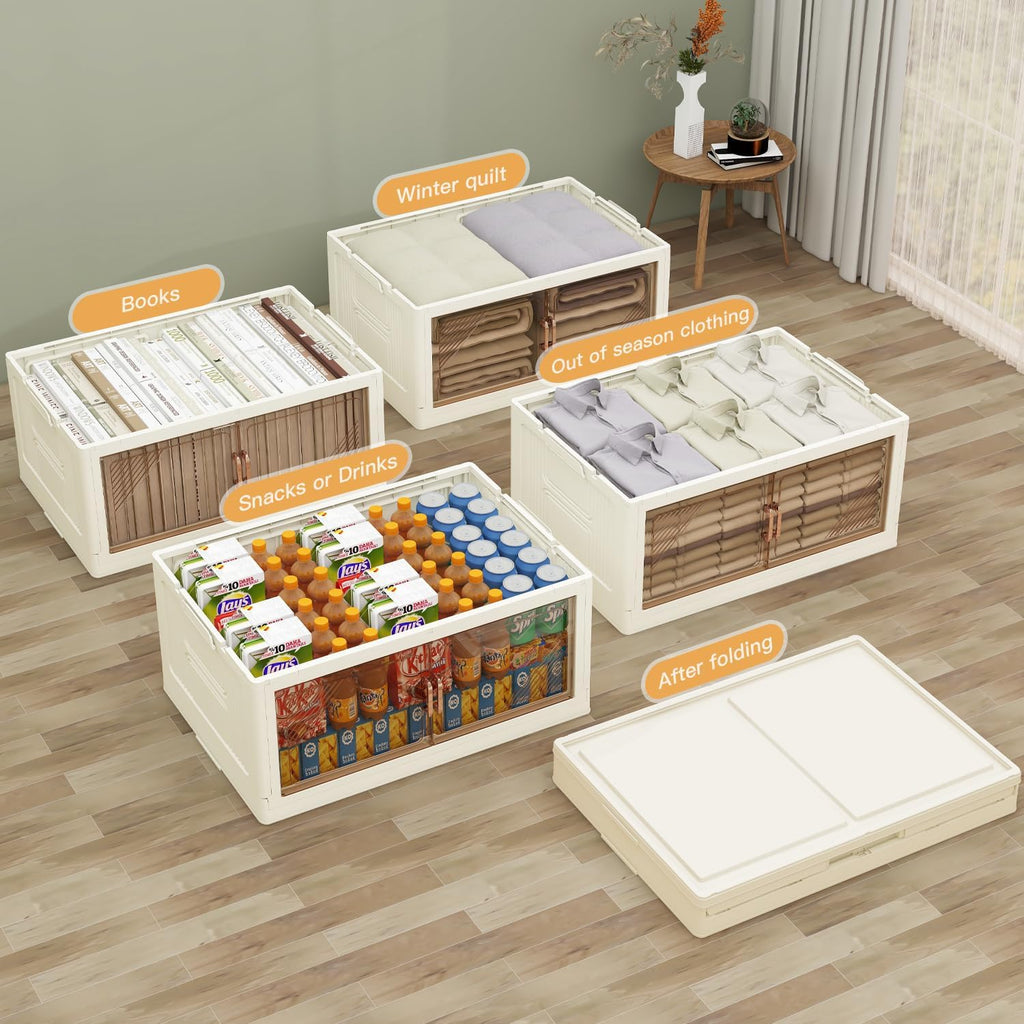 KHNR 4Packs Stackable Storage Bins with Lid, 36 Gal Closet Organizer and Storaging Drawer, Collapsible Storage Box with Wheels, Plastic Clothes Storage Cabinet Containers for Home and Office