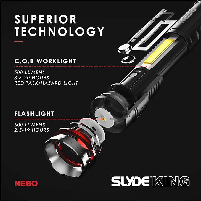 NEBO Slyde King Flashlight, Rechargeable LED Flashlight and Work Light, Bright, Durable, Everday Carry & Camping Flashlight with 4 Light Modes, C.O.B. Work Light and Magnetic Base