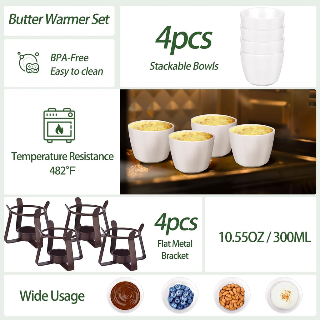 4 Pieces Large Butter Warmers,Butter Warmers for Seafood with 20 Pieces Tealight Candles,Ceramic Butter Warmer Set for Chocolate or Cheese,Fondue- Dishwasher&Microwave Safe,Oven Safe(10.55oz)