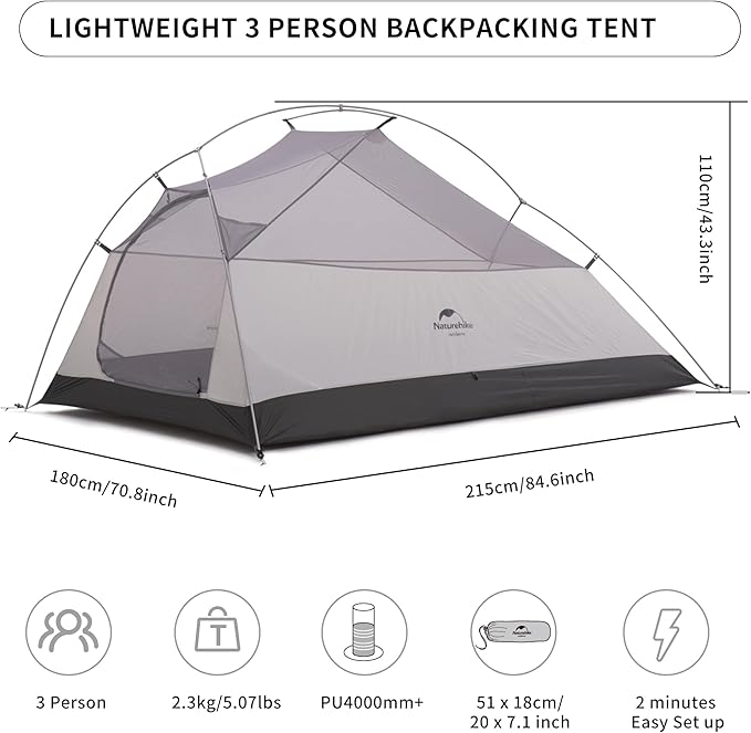 Naturehike Cloud-Up 3 Person Lightweight Backpacking Tent with Footprint - 3 Season Free Standing Dome Camping Hiking Waterproof Backpack Tents