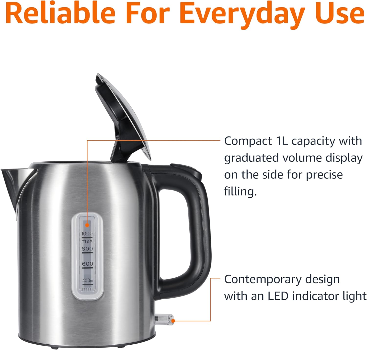 Amazon Basics 1.1Qt (1L) Electric Kettle, Tea Kettle & Water Boiler, with Auto Shut-Off, Boil Dry Protection, High-Safety Strix Thermostat, BPA-Free, 1500W, Stainless Steel, New Model, Black & Silver