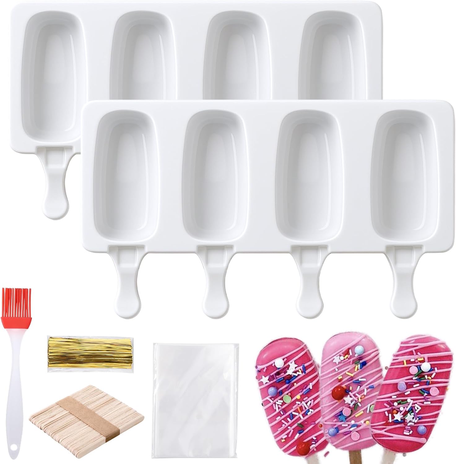 Juome Cake Pop Mold Kit, 2 Pack 8 Cavities Cakesicle Molds Silicone with 100 Wooden Sticks & 100 Packaging Bags with Ties, Cake Pop Maker Supplies Accessories, Baking Tools for Home Baking Desserts