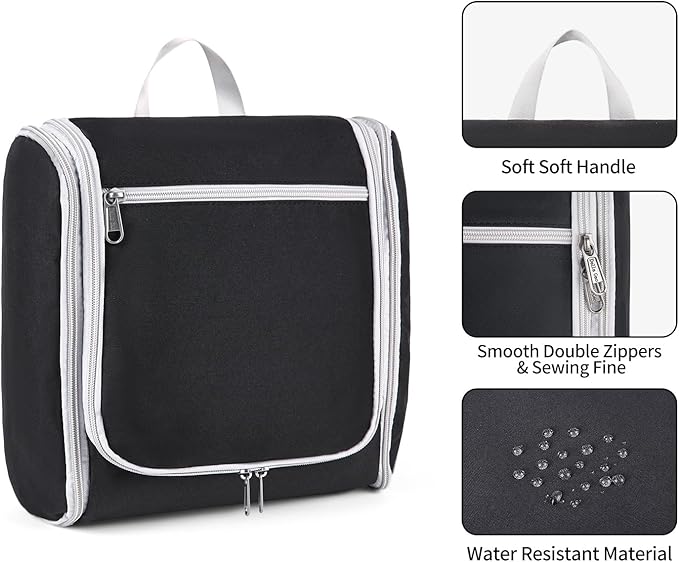 Della Gao Hanging Toiletry Bag for Men and Women, Large Capacity Cosmetics Makeup Bag Toiletries Organizer, Bathroom Bag, Water-Resistant Nylon, Black