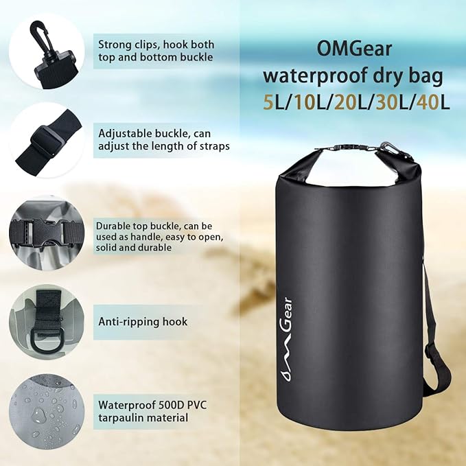 OMGear Waterproof Dry Bag Backpack Phone Pouch 40L/30L/20L/10L/5L Floating Dry Sack for Kayaking Boating Outdoors Activities