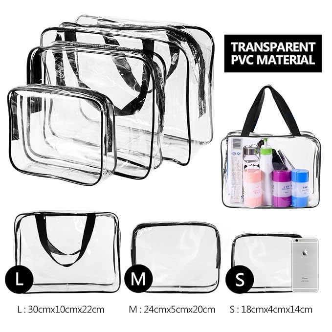 3Pcs Crystal Clear PVC Travel Toiletry Bag Kit for Women Men, Waterproof Vinyl Organizer Makeup Bags with Zipper Handle Straps, Cosmetic Bag Pouch Carry on Airport Airline Compliant Bag Handbag