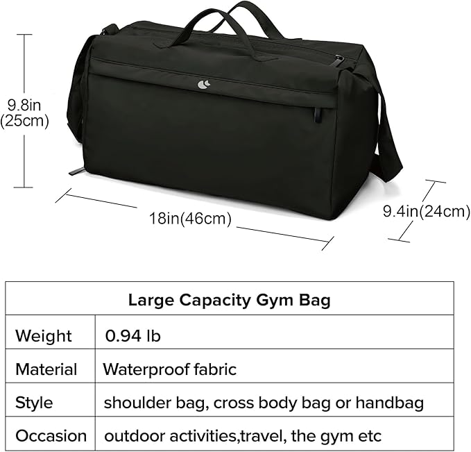 Sports Gym Bag for Women, Travel Workout Duffel Bag Overnight Shoulder Bag with Shoes Compartment and Wet Pocket Lightweight Weekend Bag Waterproof Black