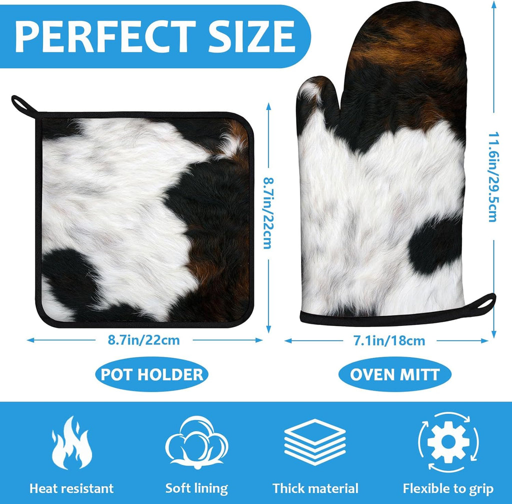 Brown Cowhide Oven Mitts and Pot Holders Sets Heat Resistant 4Pcs Potholders Oven Gloves Hot Pads for Kitchen Baking Cooking Grilling BBQ