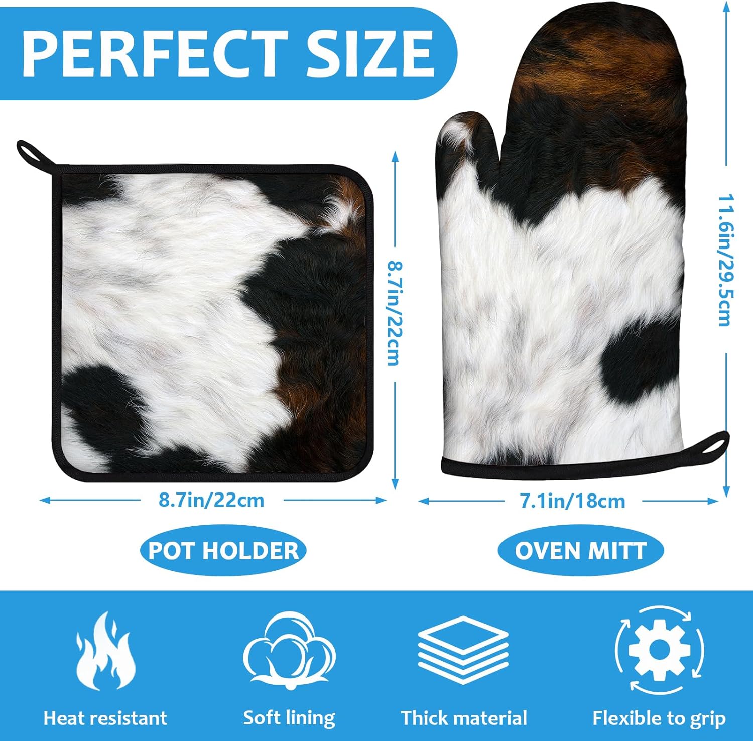 Brown Cowhide Oven Mitts and Pot Holders Sets Heat Resistant 4Pcs Potholders Oven Gloves Hot Pads for Kitchen Baking Cooking Grilling BBQ