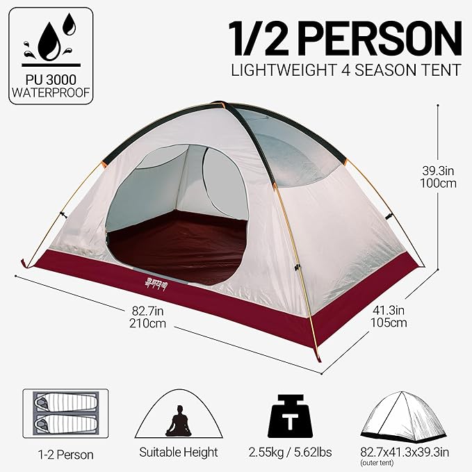 Himalaya 1/2 Person Camping Tent, 4 Season Tent Backpacking Winter Tent Waterproof Windproof Lightweight Portable PU5000 for Outdoor Camping Cold Weather Hiking Mountaineering