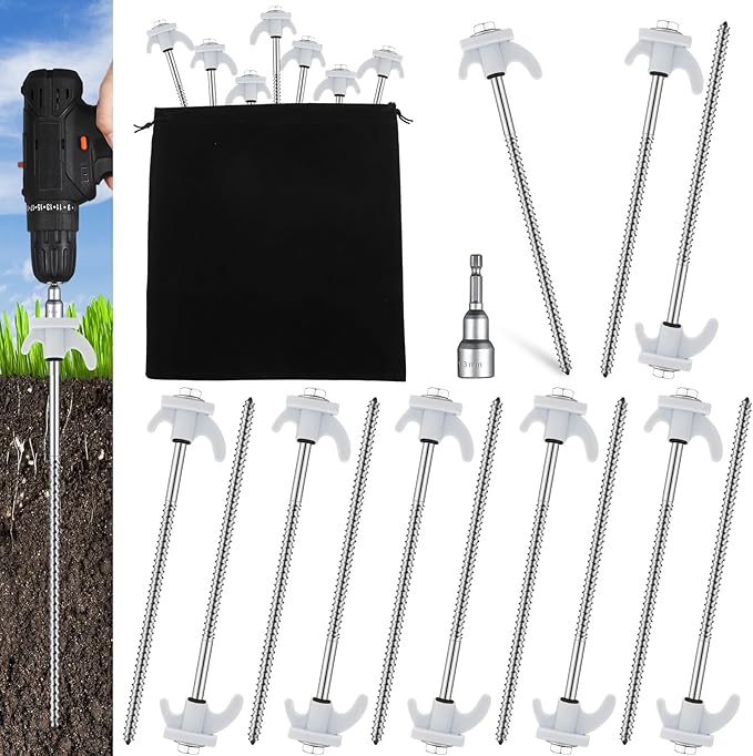 20 Pcs 8" Screw in Tent Stakes Heavy Duty Tent Stakes Drillable Ground Anchors Screw Metal Tent Pegs Threaded Tent Spikes with Head Driver for Swing Inflatable Decor (White)
