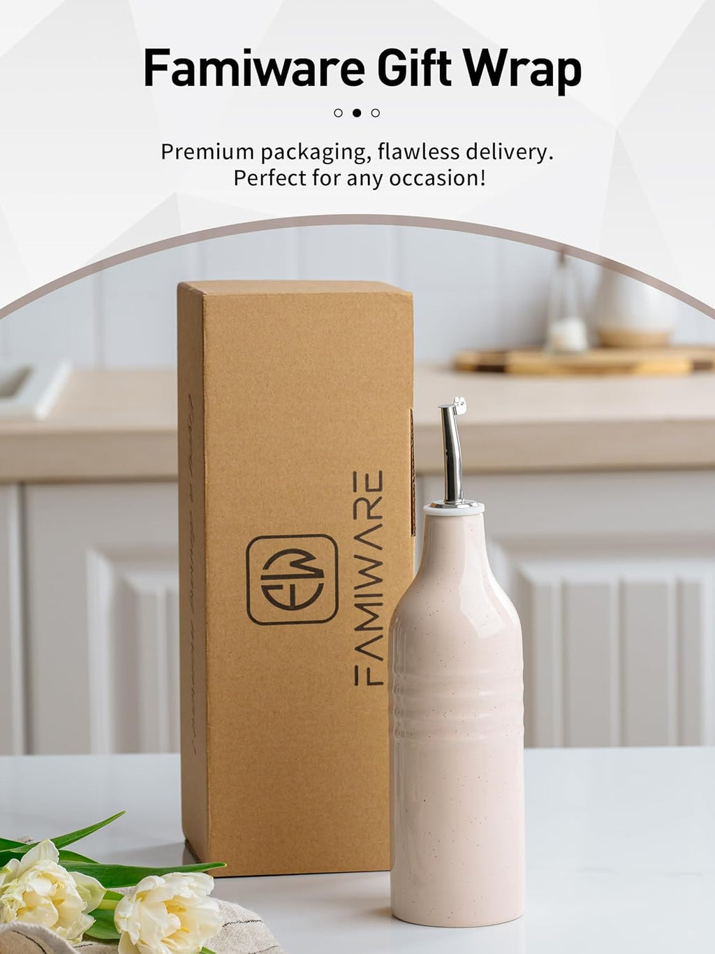 famiware Jupiter 16oz Ceramic Olive Oil Dispenser Bottle, Olive Oil and Vinegar Dispenser Bottle Set of 2 with Stainless Steel Pourers, Suitable for Storage Vinegar, Liquids, Light Pink & Light Green