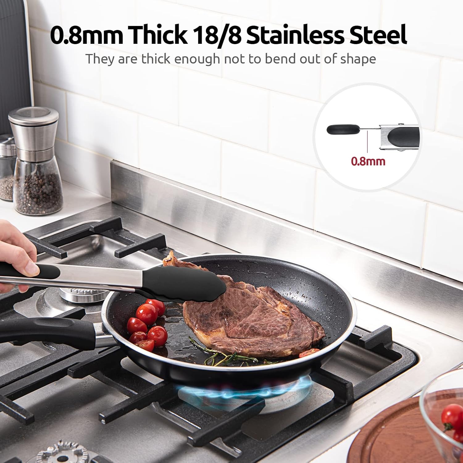 600ºF Heat Resistant Kitchen Tongs: U-Taste 9+12 inch Silicone Cooking Tong Set with Firm Sealed Non Stick Rubber Tips and Silicon Coated 18/8 Stainless Steel Handle for Serving Grilling Salad (Black)