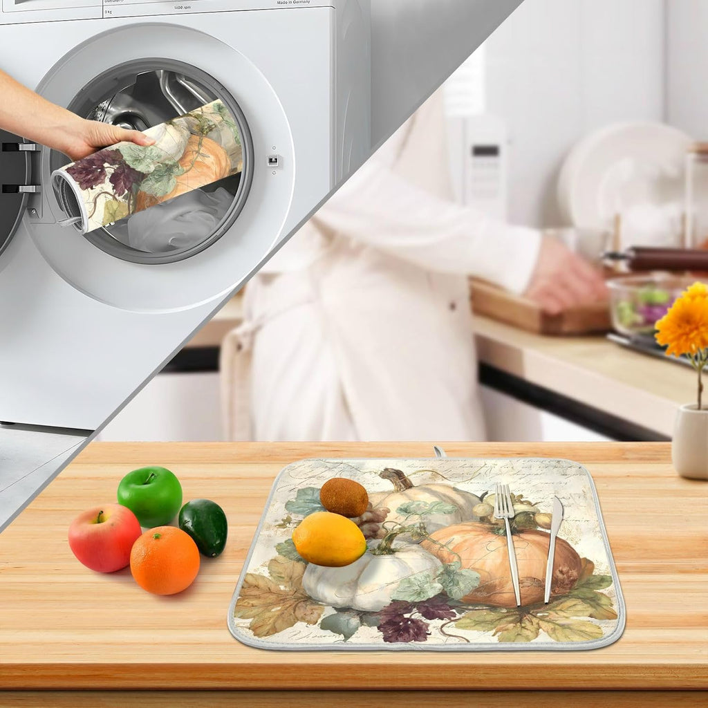 Autumn Pumpkin Fall Leaves Thanksgiving Dish Drying Mat for Kitchen Counter Absorbent Microfiber Large Drying Pad Dish mats for Kitchen Countertops 18 x 24 Inch