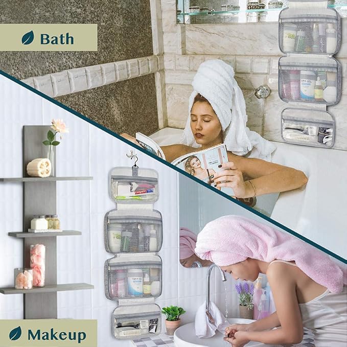 PAVILIA Hanging Toiletry Bag Travel Bag Women Men, Foldable Cosmetic Organizer, Roll up Makeup Bag, Water Resistant Accessories Toiletries, Large Travel Essentials Kit (Heather Grey)