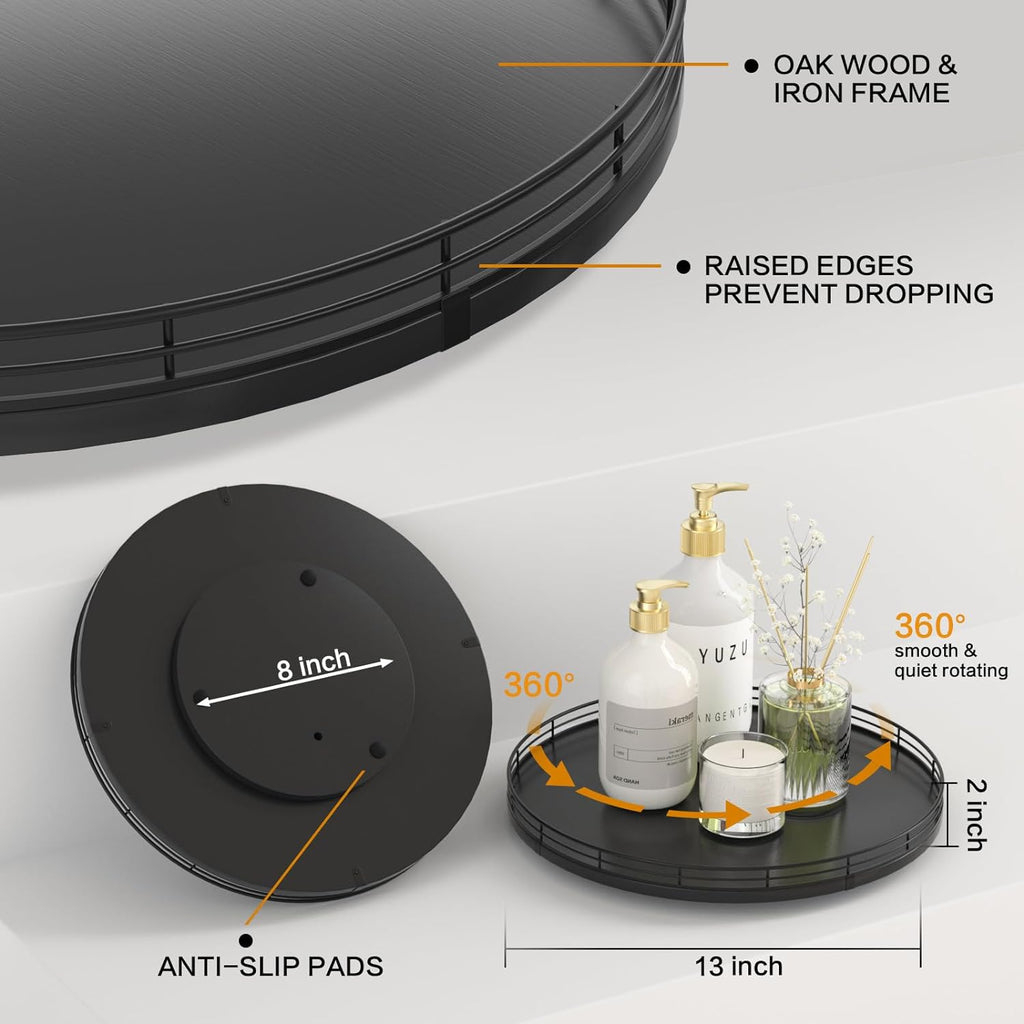 13" Oak Wood Lazy Susan Organizer, Lazy Susan for Cabinet Dining Table Pantry Wood Turntable Organizer Tray for Coffee Table Kitchen Countertop Salt Pepper Spice Organization and Storage Round Black