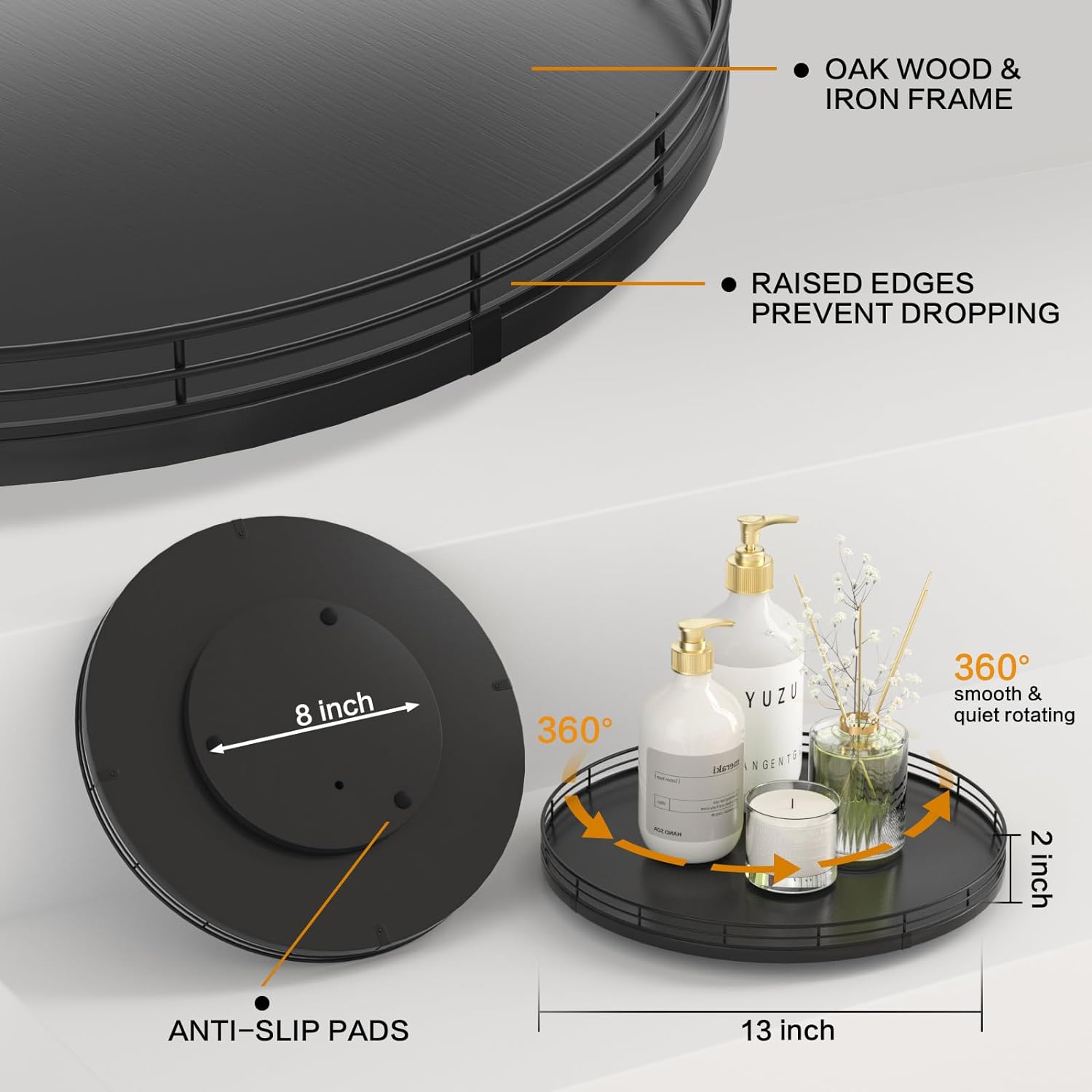 13" Oak Wood Lazy Susan Organizer, Lazy Susan for Cabinet Dining Table Pantry Wood Turntable Organizer Tray for Coffee Table Kitchen Countertop Salt Pepper Spice Organization and Storage Round Black