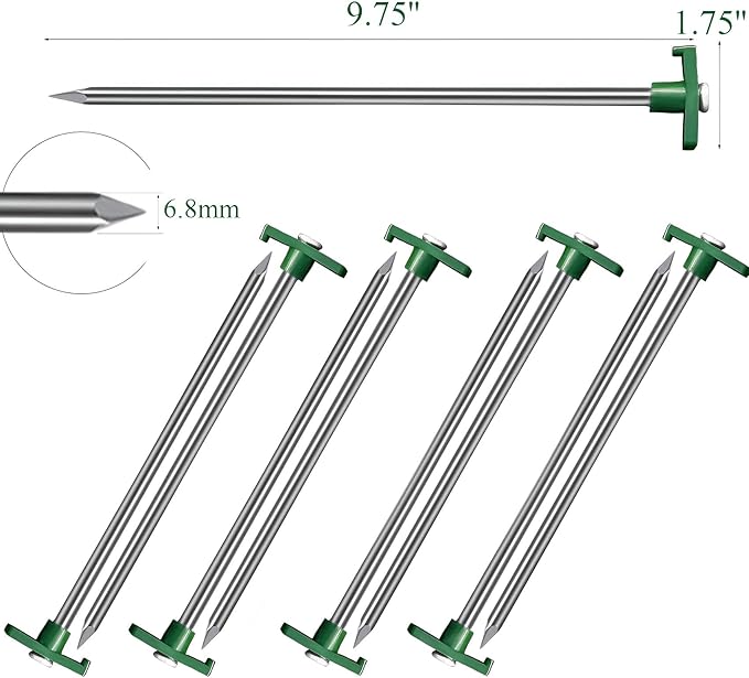 Cheardia 10 Pack Tent Stakes Heavy Duty, 10.25 Inch Yard Stakes Non-Rust Metal Tent Pegs Ground Stakes Tent Spikes for Camping Patio, Garden, Canopies, Grassland, Outdoor, Green