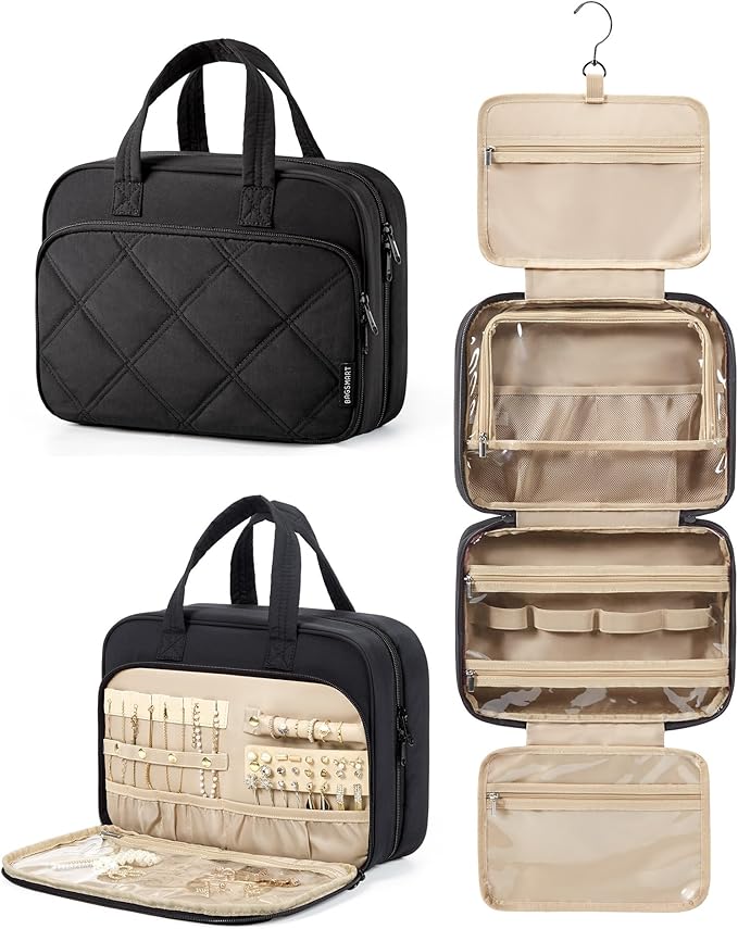 BAGSMART HangingToiletry Bag for Women, Puffy Travel Toiletry Bag with Jewelry Organizer, Waterproof Cosmetic Makeup Bag Compartment, Toiletries Kit Set for Traveling, Accessories, Essentials (M)