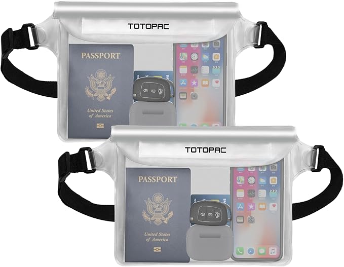 2-Pack Waterproof Fanny Pack, Phone Pouch with Waist Strap, 9x6.7 Inch Dry Bag for Phone, Cash, and Valuables – for Swimming, Kayaking, Boating, Snorkeling, and Water Sports (2, White + White)