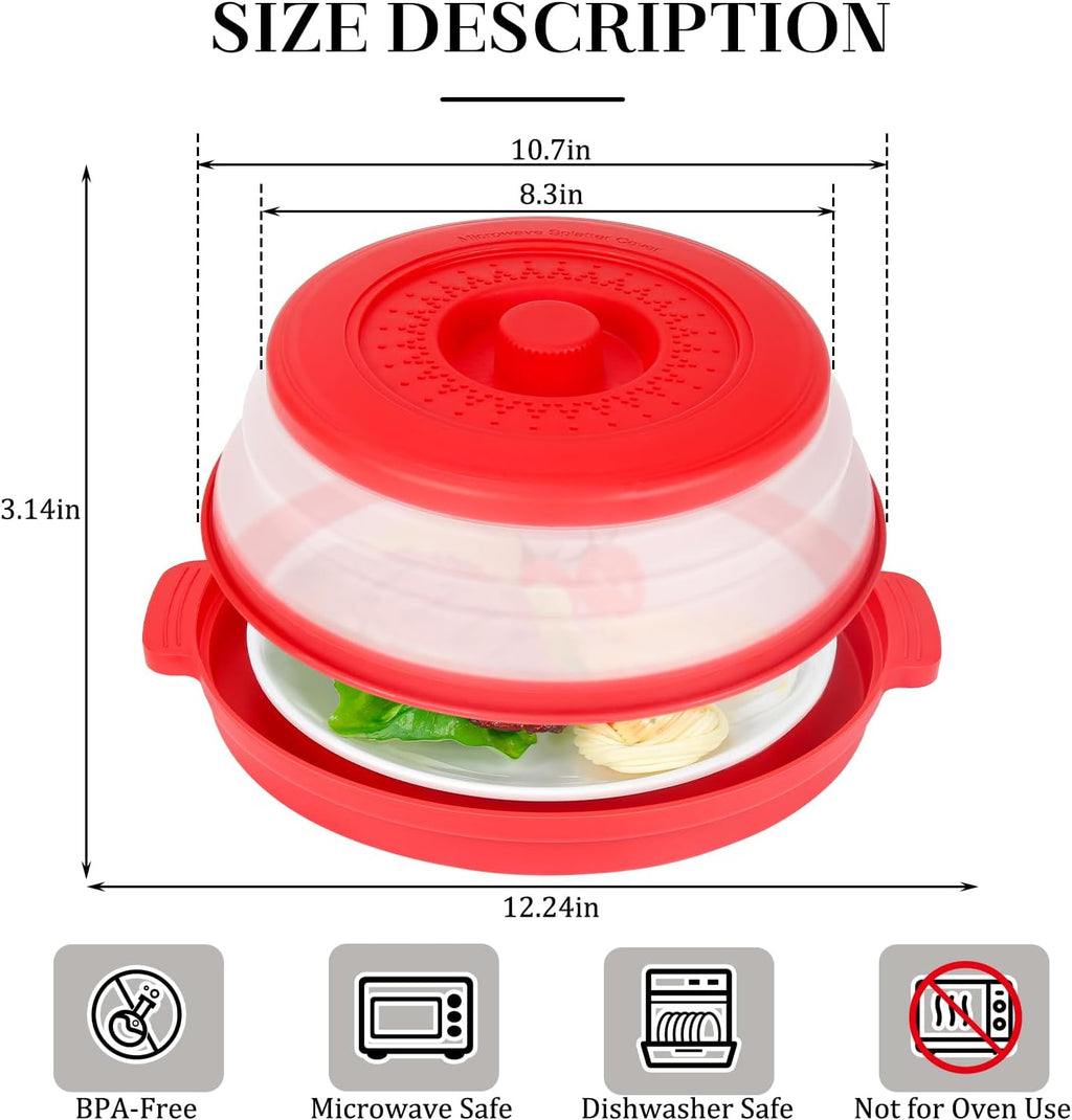 10.7 Inch Microwave Food Cover with Heat Insulation Mat, Anti-Scald Collapsible Microwave Splatter Cover, Multi-Functional as Colander & Fruit Plate, Dishwasher Safe, Ideal for Meal Prep (Red)
