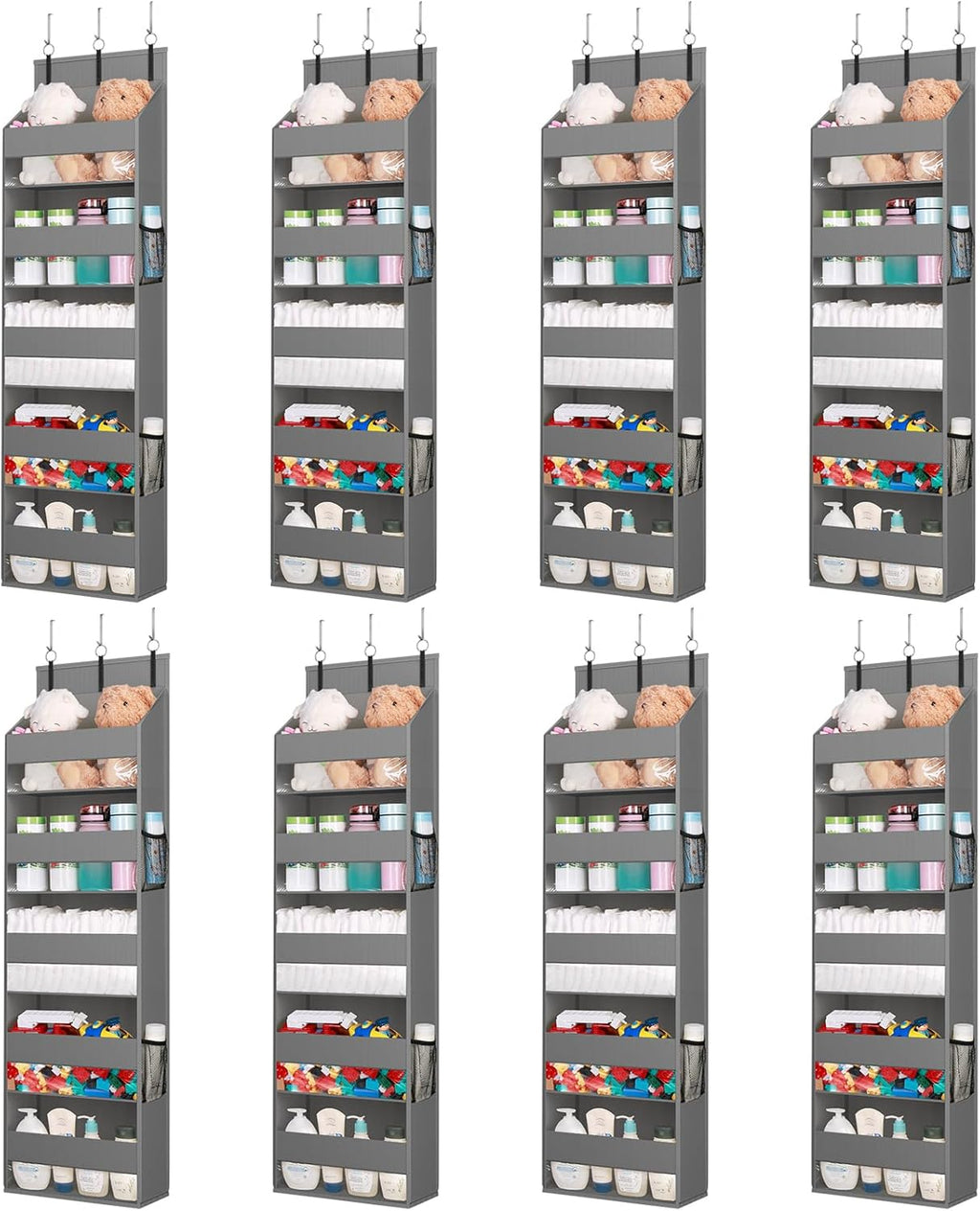 Lifewit 8 Packs Over the Door Organizer, 5 Shelf Clear Window Hanging Storage with 4 Mesh Side Pockets, Anti Tilt 40 lbs Load Behind Door for Pantry, Nursery, Bathroom, Bedroom, Kitchen, Dorm, Grey