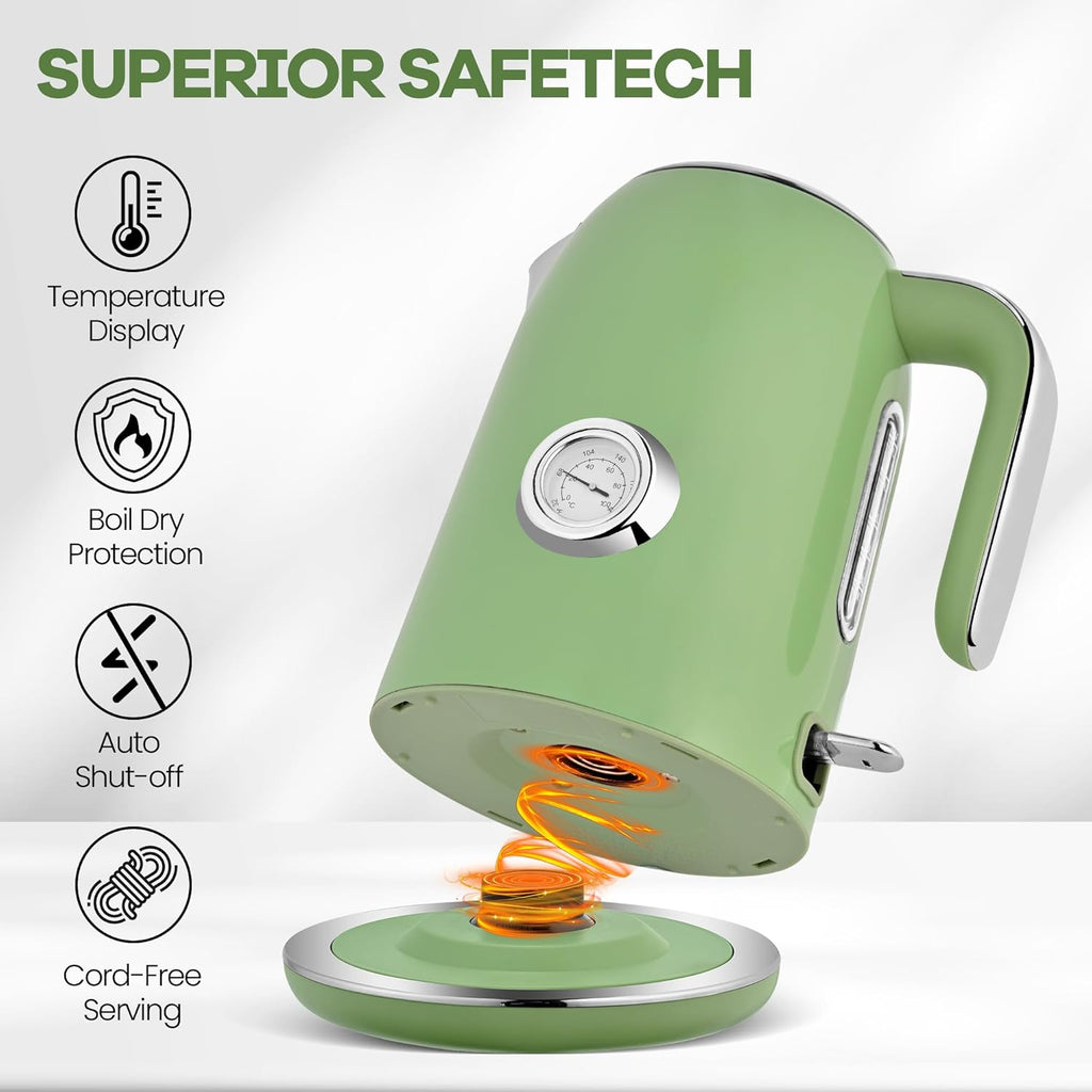 Pukomc Electric Kettle,1.7L Stainless Steel Electric tea kettle with Temperature Gauge, Fast Boiling, Auto Shut - off, BPA - Free, Boil - Dry Protection, (Retro Green)