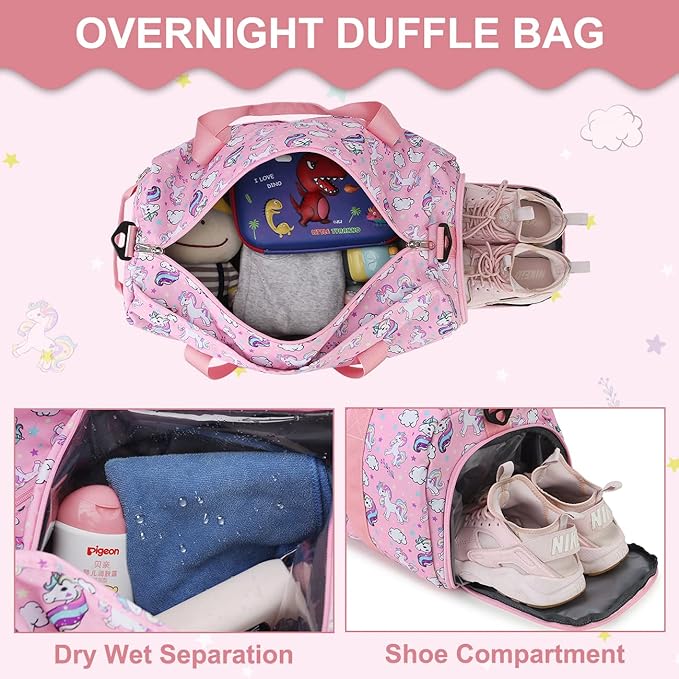 Duffle bag for Girls,RAVUO Water Resistant Travel Overnight Weekend Bag Carry On Bag for Gym Sport Dance with Shoe Compartment and Wet Pocket Unicorn