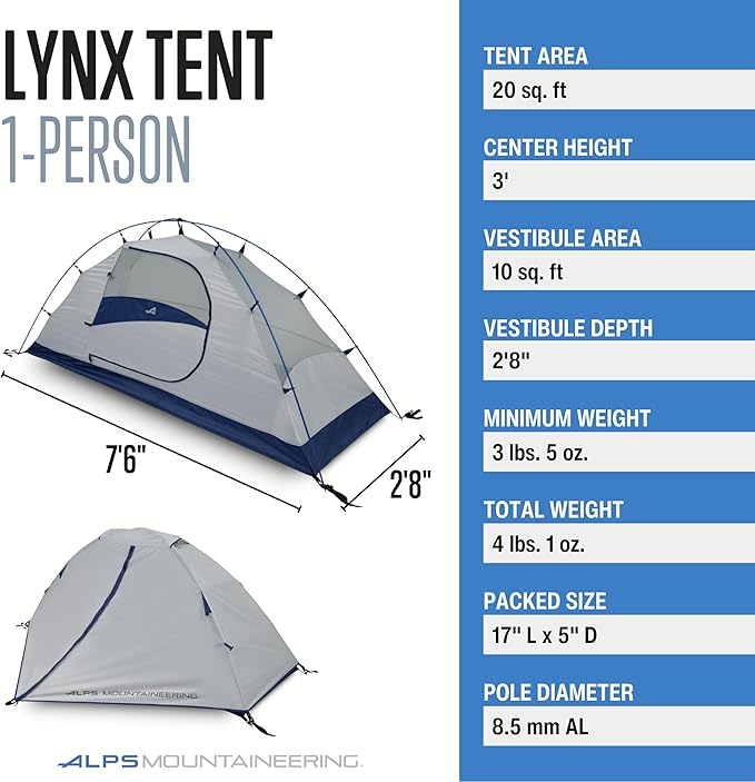 ALPS Mountaineering Lynx 1-Person Tent – Lightweight, Easy Setup, Waterproof, Freestanding Backpacking Tent with Durable Aluminum Poles and Ample Ventilation