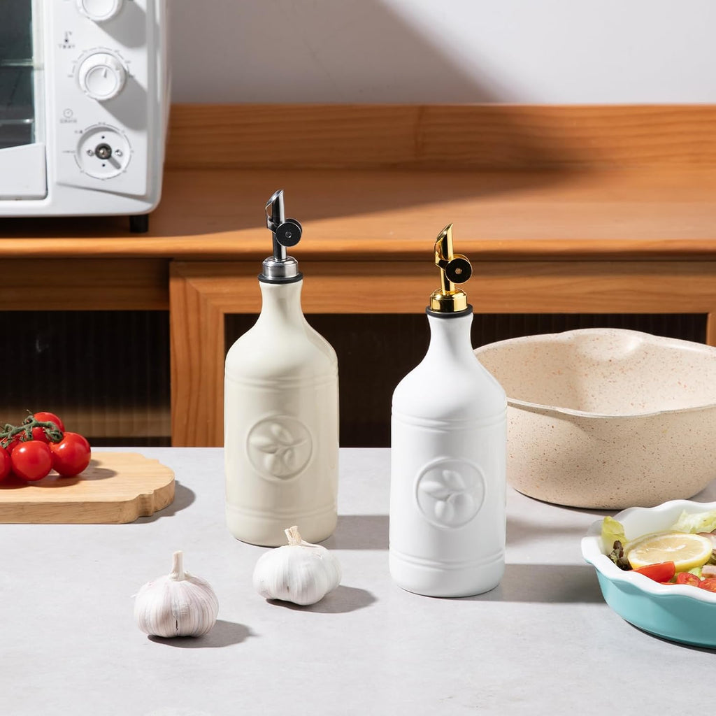 Sweejar 16 Oz Ceramic Olive Oil Dispenser Bottle, Oil Dispenser for Kitchen with Gravity Spout, Relief Opaque Oil Container for Evoo, Avocado Oil, Vinegar, Soy Sauce, 1 Pack(Beige, Silver Spout)