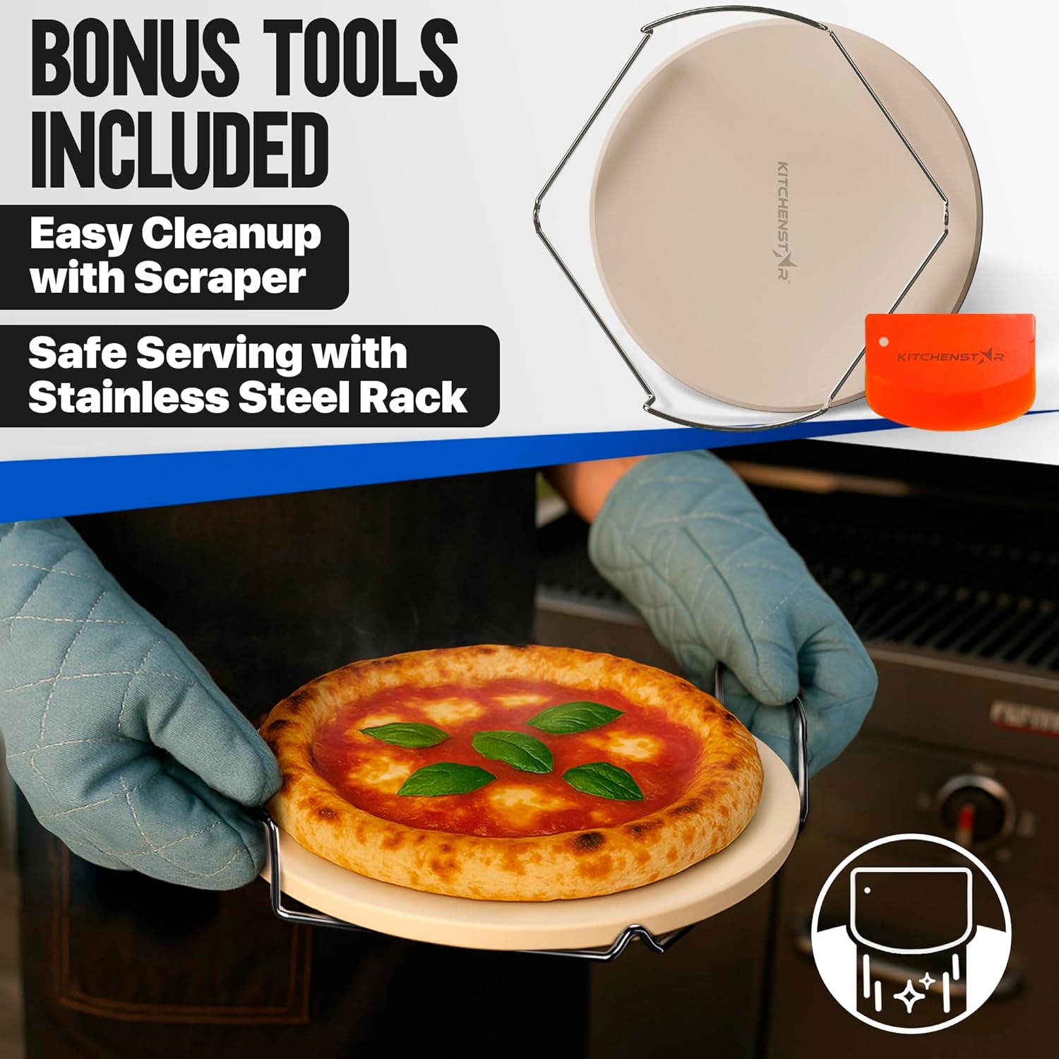KitchenStar 12-inch Pizza Stone for Oven and BBQ Grill with Handles, Round, 5/8" Thick - Natural Cordierite, 1800 °F Resistant, Baking Stone Set with Stainless Steel Rack & Plastic Scraper Tool