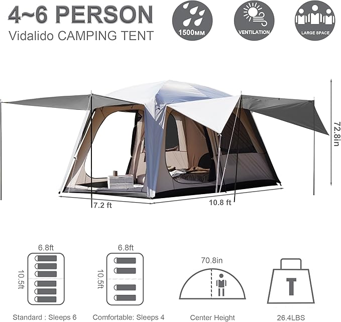 Vidalido 4-6 Person Camping Tent with 3 Door 2 Room Large Family Cabin Tents, Double Layer Waterproof Portable Glamping Tent, Big Tents for Outdoor Camping Hiking and Backpacking