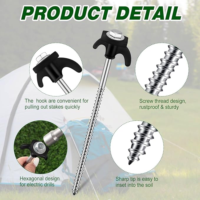 20 Pcs 8" Screw in Tent Stakes Heavy Duty Tent Stakes Drillable Ground Anchors Screw Metal Tent Pegs Threaded Tent Spikes with Head Driver for Swing Inflatable Decor (Black)