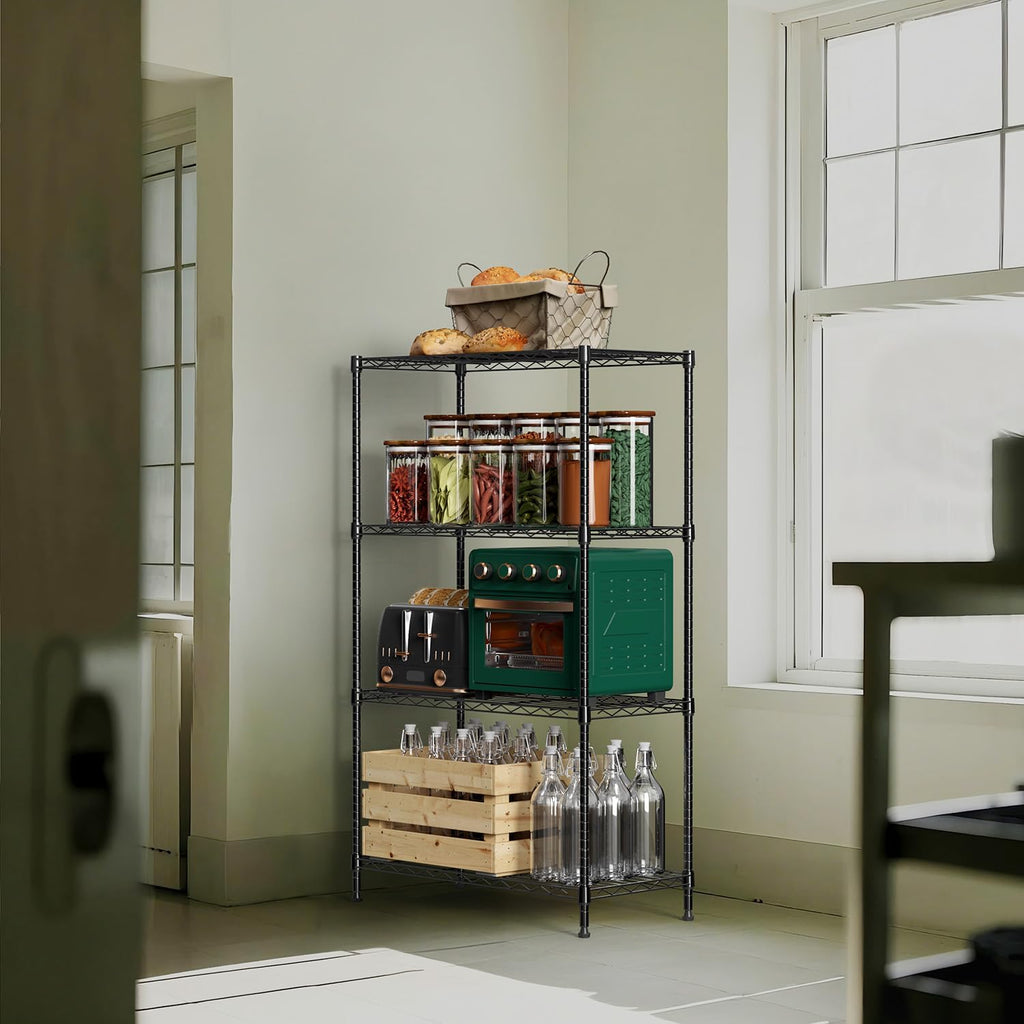 1000 lbs 4Tier Shelf Metal Storage Shelves Wire Rack Closet Organizers with Wheel for Garage Kitchen Bathroom Laundry Black 13.7" D x 29.5" W x 47.2" H