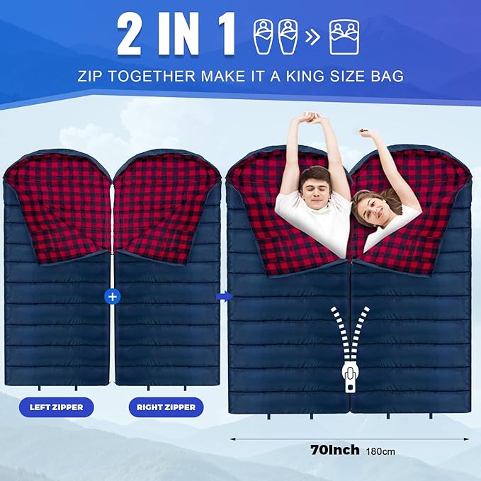 0 Degree Sleeping Bag Cotton Flannel Winter Cold Weather for Adults XXL Sleeping Bag 4 Season Big and Tall with Pillow Compression Sack