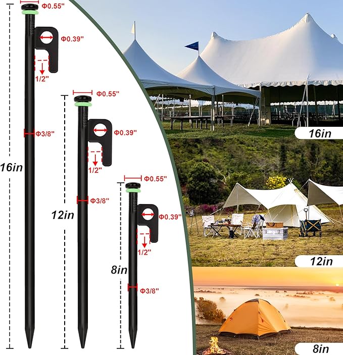 10Pcs Tent Stakes, 12in Heavy Duty Tent Stakes with Storage Pouch, Forged Steel Tent Sakes Metal, Metal Stakes for Tent Used on Grassland, Snowfield, Dessert(10Pcs, 12in, Diameter 3/8")