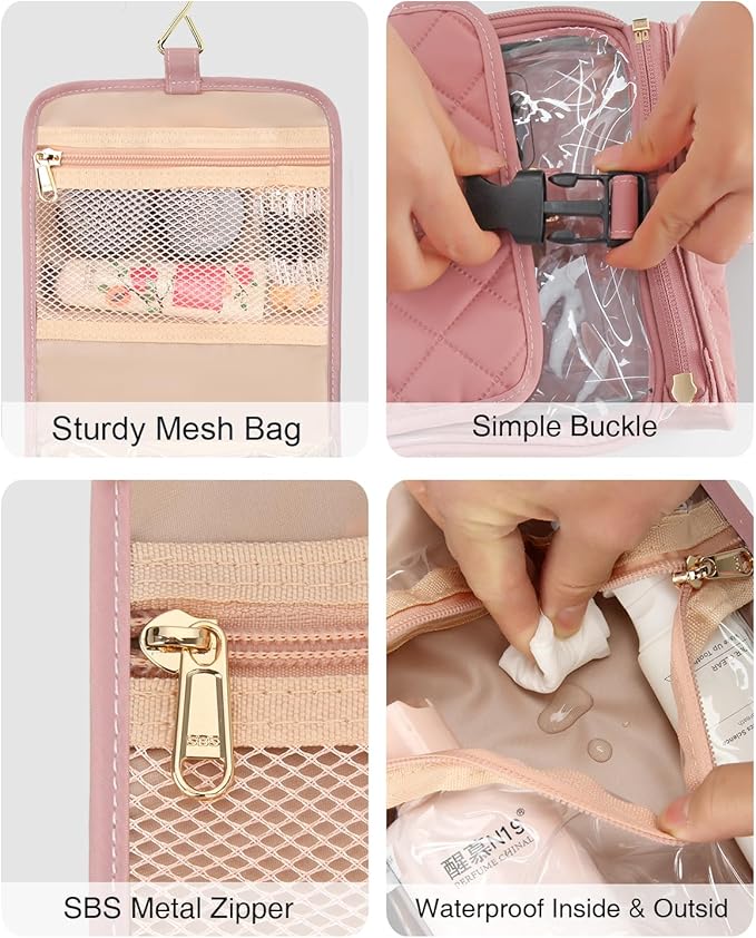 Relavel Travel Toiletry Bag for women with Detachable TSA Approved Toiletry Bag, Compact Hanging toiletry bag with Small Carry On 3-1-1 Clear Waterproof Travel Bags for Toiletries (Pink, A Small)