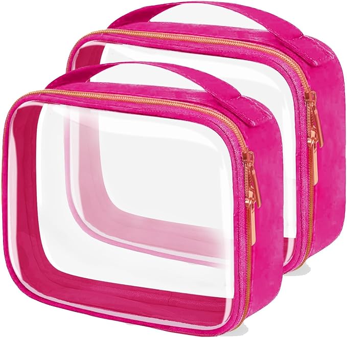 TSA Approved Travel Toiletry Bag,2 Pack Clear Makeup Bags with Handles,Quart Size Clear Cosmetic Bags for Traveling Women,Men,Carry on Airport Airline Compliant Bag,Rose Red