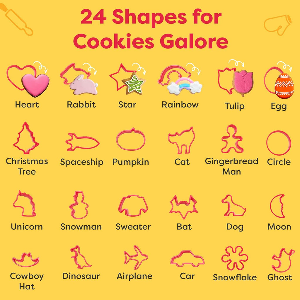 Baketivity Cookie Cutter Set for Kids, 24 Assorted Cookie Cutters of Basic Shapes, Seasonal, and Holiday Themes - with Rolling Pin, Silicone Baking Pan, and Non-Stick Baking Mat - BPA-Free - Ages 4+
