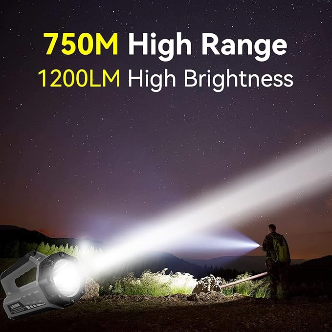 SUNREI Rechargeable LED 1200LM Flashlight, 8 Light Modes Portable Camping Lantern, 10400mAh Power Bank, IP67 Waterproof for Emergencies Power Outages, Hurricane Emergency, Hiking, Home, etc
