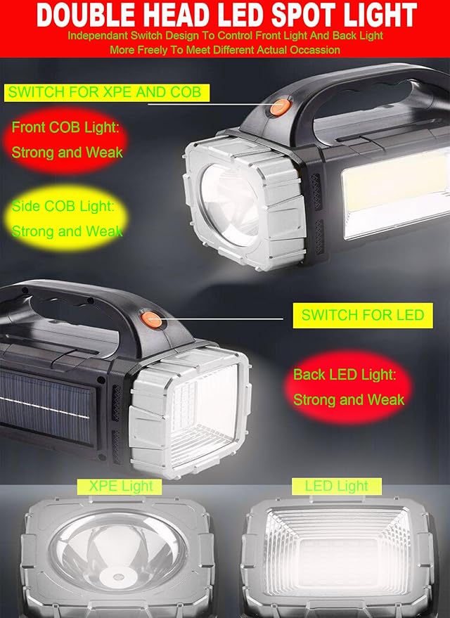 Solar Rechargeable LED Spotlight Searchlights, Super Bright 7000LM Handheld LED Searchlight, Multi-functional Portable Lamp Camping Lantern Flashlight, 8 Light Modes, Power Bank, IPX4 Waterproof