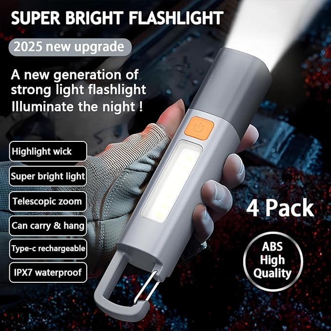 Rechargeable LED Flashlights High Lumens, 20,000 Lumens Super Bright Flashlight with USB Cable and Hook, 3 Modes, Waterproof Flash Light Handheld Powerful Flashlight for Home Camping ﻿- 4 Pack