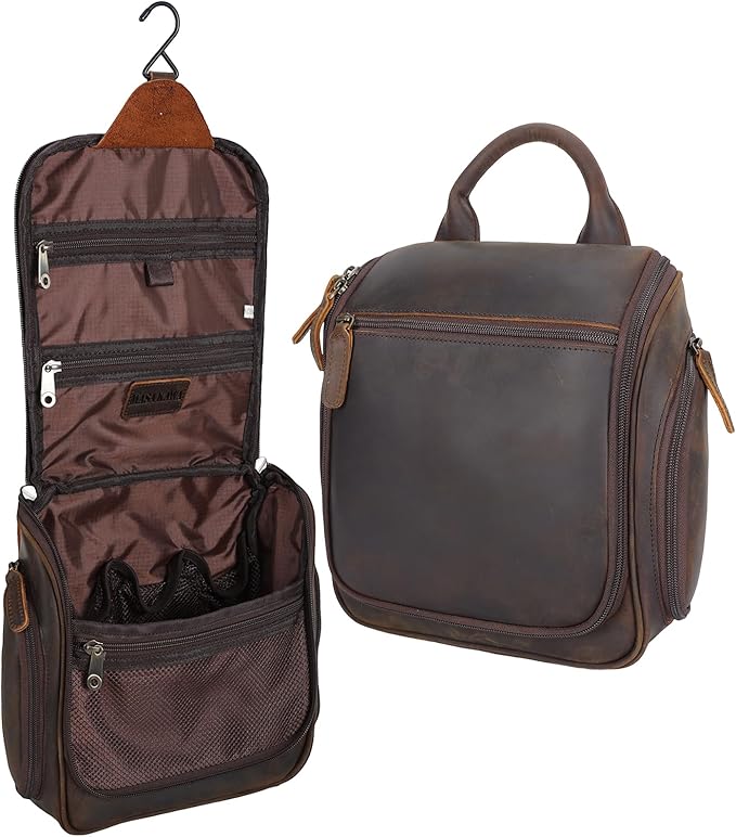 Masa Kawa Leather Hanging Travel Toiletry Bag for Men Portable Expandable Camping Cosmetics Makeup Toiletries Organizer Vintage Bathroom Shaving Kit Brown Wash Bags