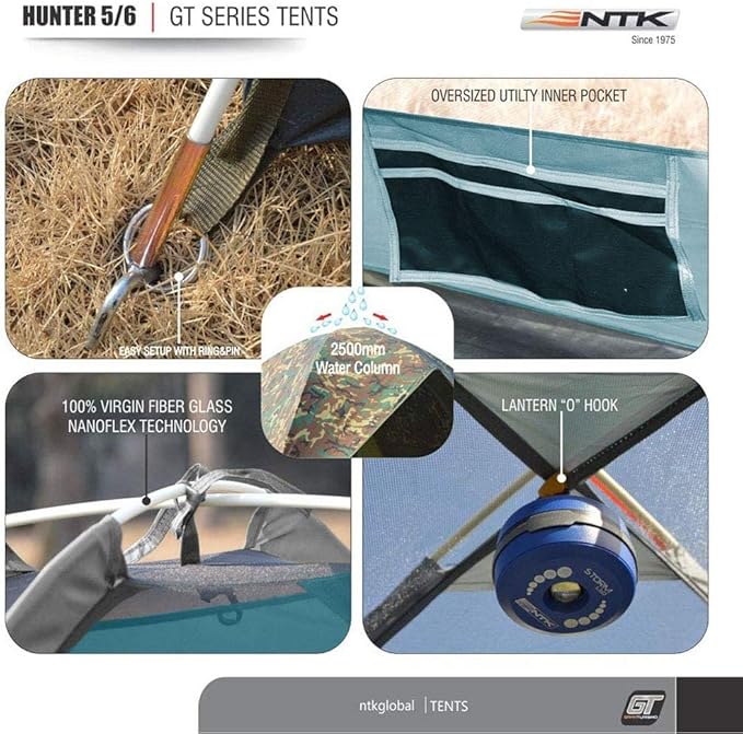 NTK Hunter GT 4/6/8 Outdoor Dome Woodland Camo Camping Tent 100% Waterproof 2500mm, Easy Assembly, Durable Fabric Full Coverage Rainfly - Micro Mosquito Mesh